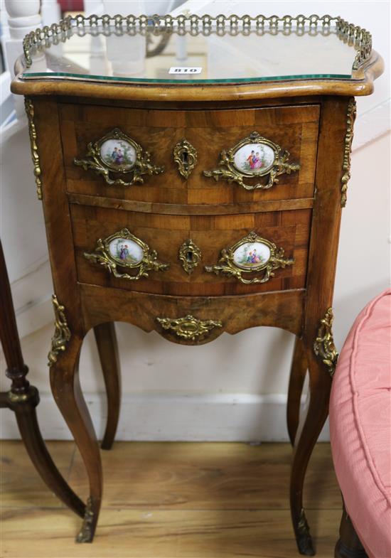 A Continental walnut and porcelain mounted small chest, W.42cm